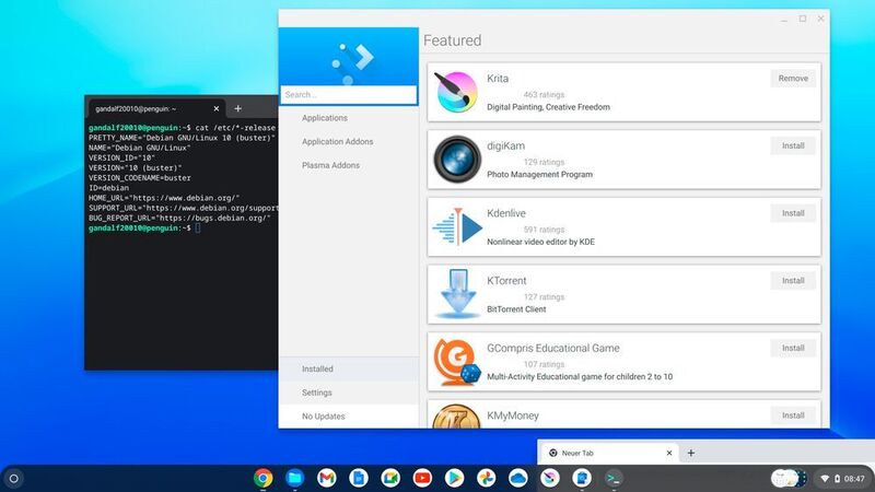 Zunächst gibt es nur ein Linux-Terminal mit Bash. Allerdings kann man grafische Oberflächen für die Software-Installation wie den KDE App Store nachinstallieren.  (Vogel IT-Medien)