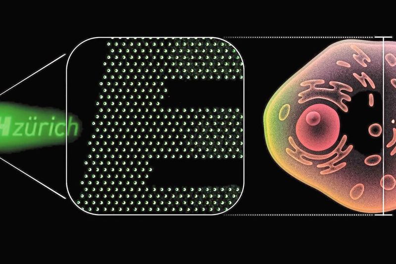 Dieses Logo der ETH Zürich besteht aus 2.800 Nano-Leuchtdioden und ist mit einer Höhe von 20 Mikrometern ähnlich groß wie eine menschliche Zelle. Ein einzelner Pixel misst rund 0,2 Mikrometer. In Dieser Auflösung ließe sich der folgende Beitrag rund 2.000 Mal auf die Fläche eines Satzpunktes abdrucken.(Bild:  Amanda Paganini / ETH Zürich)
