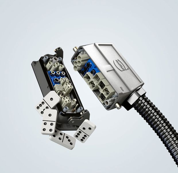 Mit den Han-Modular-Domino-Modulen präsentierte Harting einen modularen Industrie-Steckverbinder, bei dem Anwender bis zu 50 Prozent Bauraum einsparen und Gewicht reduzieren können. (Bild: Harting)