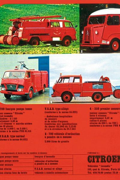 Ein zeitgenössischer Prospekt informiert über die unterschiedlichen verfügbaren Fahrzeuge zur Brandabwehr. (Bild: Citroën )