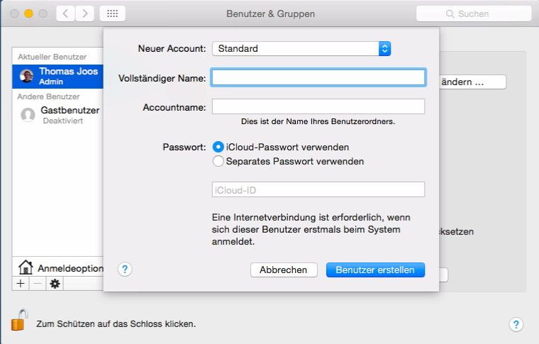 Für Netzwerkzugriff wird am besten ein lokaler Benutzer angelegt, mit dem sich Anwender über das Netzwerk authentifizieren. Die Einstellungen dazu sind bei „Systemeinstellungen\Benutzer & Gruppen“ zu finden. (Bild: Thomas Joos)
