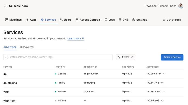 Mit Tailscale Services (Beta) erhalten Anwendungen eigene IPs und DNS-Namen für vereinfachten, sicheren Zugriff in modernen Netzwerken.(Bild:  Tailscale)