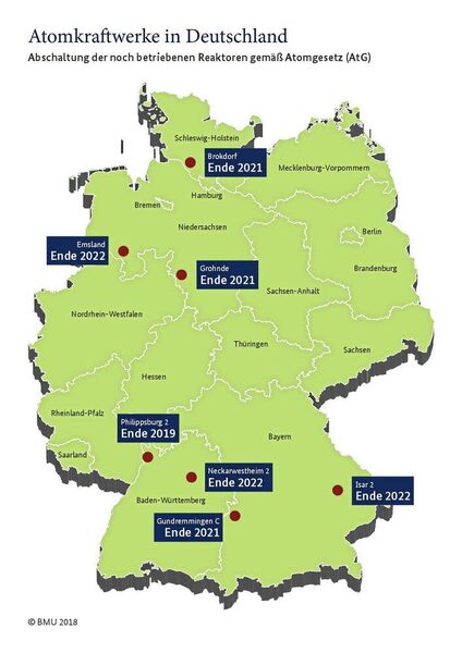 Atomkraftwerke in Deutschland – Abschaltung der noch betriebenen Reaktoren gemäß Atomgesetz. (BMU)