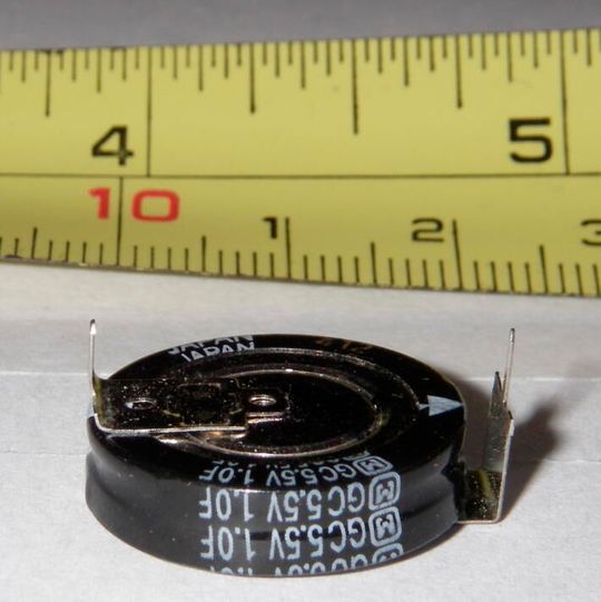 This image shows a 5.5 V supercapacitor.(Source:  Wikipedia)
