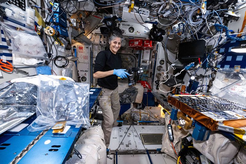 Nasa-Astronaut Suni Williams fotografiert die Hardware für das Experiment «European Materials Ageing» (EMA), das im Harmony-Modul der Internationalen Raumstation aufgebaut wird.  (Bild: Nasa)