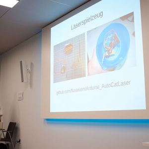 Einer der zahlreichen Vorträge zeigte, wie man seine Katzen "automatisieren" kann. Der Speaker stellte einige nützliche Spielereien vor, die er für seine sechs Katzen realisiert hat, u. a. einen Trockenfutterautomaten und eine motorisierte Katzenklappe.(Bild:  Industry of Things/Sebastian Schug)