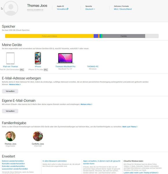Anzeigen der erweiterten Funktionen und des Speicherverbrauchs einer Apple-ID im Webbrowser. (Joos (Screenshot))