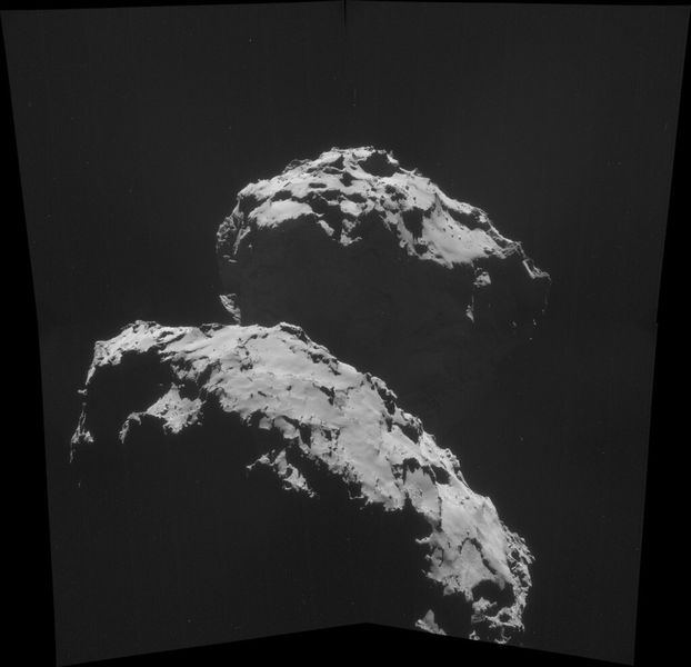 Montage aus vier Einzelaufnahmen, die die Navigationskamera an Bord der Raumsonde Rosetta am 10. September 2014 vom Kometen 67P/Churyumov-Gerasimenko gemacht hat. Sie entstanden aus 27,8 km Entfernung zum Kometen. Die Bildauflösung beträgt 2,5 m/Pixel. (Bild: ESA)