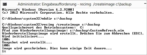Wer ein Image seiner funktionierenden Installation erstellen will, kann auf einer externen Platte oder Partition ein solches erstellen. Dazu wird folgender Befehl in der Eingabeaufforderung verwendet: „recimg /createimage “ (Bild: Joos)