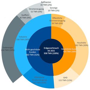 Knapp die Hälfte des Gases wird von geschützten Kunden verbraucht. Der Verbrauch der Industrie lässt sich nochmal unterteilen in Endenergie, stofflich, Stromerzeugung, Raffinierien und Sonstige. (Bild:  vbw)