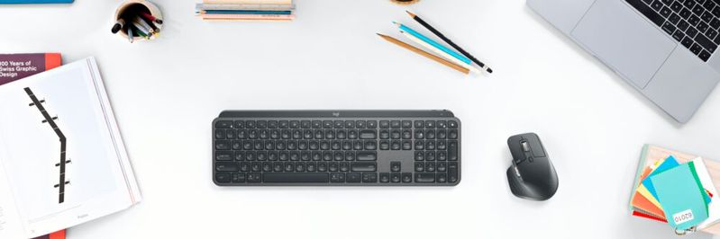 Die Wireless-Desktop-Kit MX Keys Combo for Business von Logitech besteht aus der Tastatur MX Keys for Business, der Maus MX Master 3 for Business und einem Logi-Bolt-USB-Empfänger.(Bild:  Logitech)