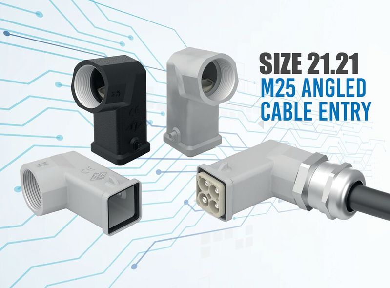 The new size 21.21 metal hood with angled M25 cable entry can accommodate large diameter cables or wire bundles.