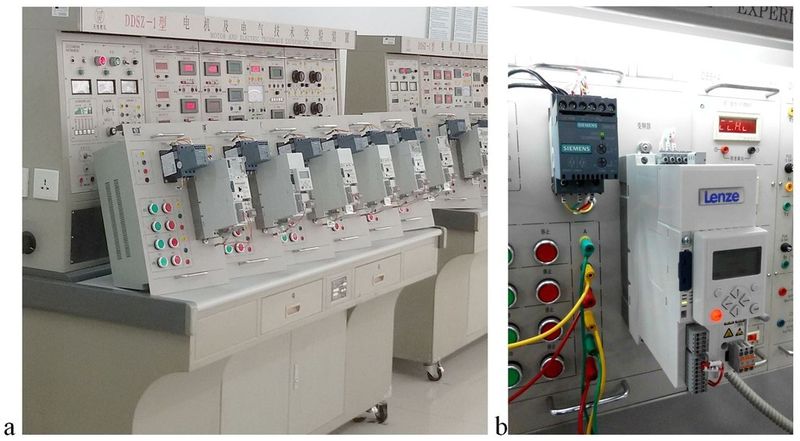 a: angepasste Einschübe für das Laborsystem. b: Stromrichter-Geräte mit Bedienmöglichkeiten (Brosch)