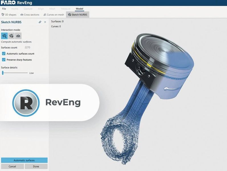 Faro, Experte für 3D-Messtechnik und Bildgebung, hat die Version 2021 der Software Rev-Eng freigegeben. Die Softwareplattform für das Reverse Engineering bietet jetzt automatische Oberflächenfunktionen, um schnell Oberflächen direkt aus gescannten Punktwolken und Netzen zu erstellen. (Faro)