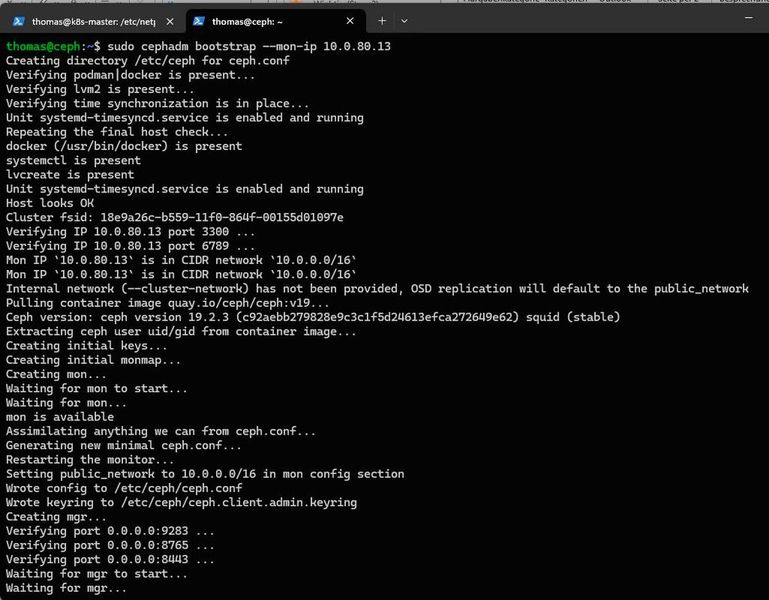Der Befehl „cephadm bootstrap“ richtet einen Ceph-Cluster ein und prüft dabei Container-Runtime, lvm2, Zeitsynchronisation und Netzwerkkonfiguration. (Bild: Joos)