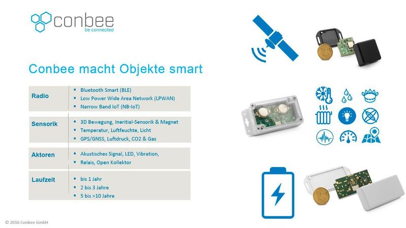 Conbee (www.conbee.eu) entwickelt, produziert und vertreibt aktive Auto-lD-/RFID-Sensorik, sogenannte Smart Tags. Alle am Produktions- und Logistikprozess beteiligten Produkte werden damit eindeutig identifizierbar und lokalisierbar. Als Bausteine für die Industrie 4.0 ermöglichen die Smart Tags des Wehrheimer Unternehmens eine effektive Informationsgenerierung. Der modulare Aufbau, eine lange autarke Laufzeit, intelligente Algorithmen sowie Datenlogger-Funktionalität ermöglichen einen vielfältigen Einsatz der Tags. (Bild: conbee)