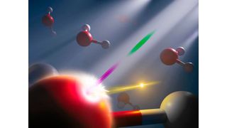 Scientists used a synchronized attosecond X-ray pulse pair (pictured pink and green here) from an X-ray free electron laser to study the energetic response of electrons (gold) in liquid water on attosecond time scale, while the hydrogen (white) and oxygen (red) atoms are ‘frozen’ in time. (Source: Nathan Johnson/ Pacific Northwest National Laboratory)