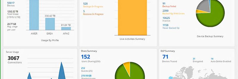 Das Dashboard von Druva Insync zeigt wichtige Kenngrößen auf einen Blick. Das Dashboard von Druva Insync zeigt wichtige Kenngrößen auf einen Blick.