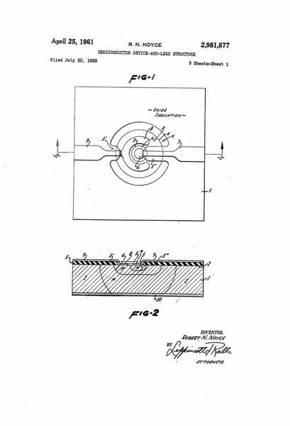 Zeitgleich und unabhängig von Kilby hatte auch Robert Noyce, der spätere Gründer von Intel, einen integrierten Schaltkreis entwickelt, weswegen es zu einem langwierigen Patentstreit kam. Denn eigentlich war der Schaltkreis von Noyce fortschrittlicher, aber Kilby war schneller mit seinem Patent. Die Zeichnung stammt aus einer Patentschrift von Noyce. (Bild: Google Patents)