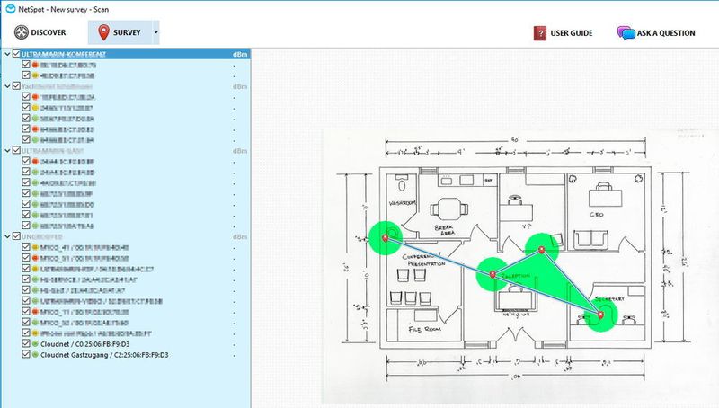 Durch das Bewegen mit einem Notebook im Raum und dem Scannen der WLANs an der jeweiligen Position, lässt sich erkennen, welches WLAN an der jeweiligen Stelle am besten zu empfangen ist. So lassen sich auch Hotspots optimal verteilen. (Joos)