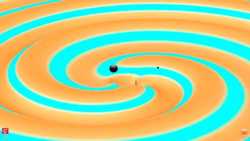 Kosmischer Todestanz I: Die Simulation zeigt, wie zwei schwarze Löcher von 14 und 8 Sonnenmassen einander umkreisen. (Ausschnitt) (© Numerisch-relativistische Simulation: S. Ossokine, A. Buonanno (Max-Planck-Institut für Gravitatio)