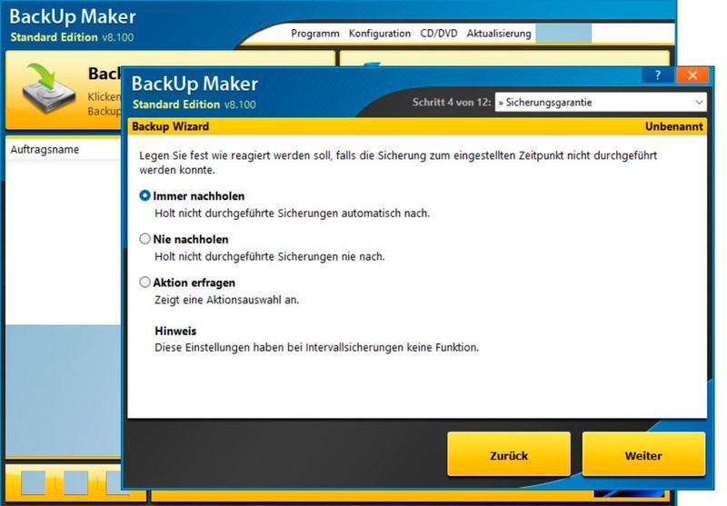 Steuern der Optionen bei fehlgeschlagenen Sicherungen in Backup Maker. (Bild: Joos (Screenshot))