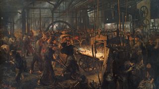 Das Werk „das Eisenwalzwerk“ von Adolf Friedrich Erdmann von Menzel nimmt den Betrachter mit ins 19. Jahrhundert, als die Menschen schon einmal vor einer Revolution standen. (Bild: gemeinfrei)