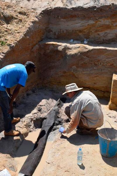 The excavation team uncovering the wooden structure (Source: Professor Larry Barham, University of Liverpool)