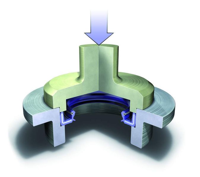Bei der Montage mit einem hydraulischen oder pneumatischen Einpressstempel muss der Durchmesser des metallischen Anschlags fünf bis zehn Millimeter größer sein als der Außendurchmesser des Simmerrings. (Archiv: Vogel Business Media)
