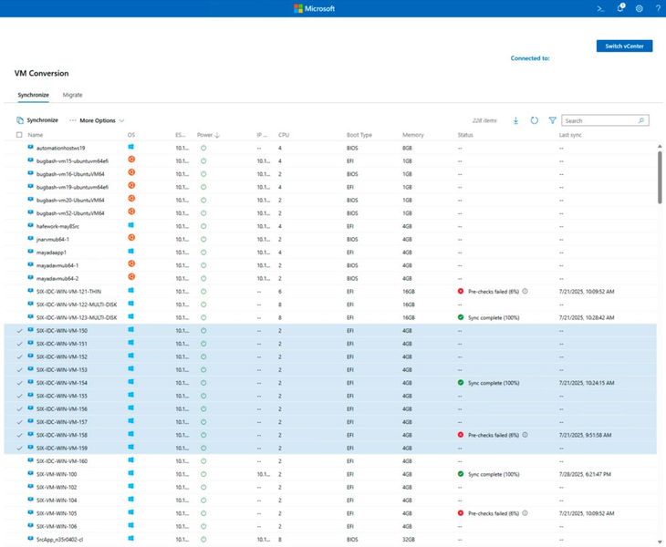 Übersicht der in vCenter gefundenen virtuellen Maschinen im Windows Admin Center, aus der mehrere VMs für die Synchronisierung und anschließende Migration nach Hyper-V ausgewählt werden können. (Bild: Microsoft - Joos)