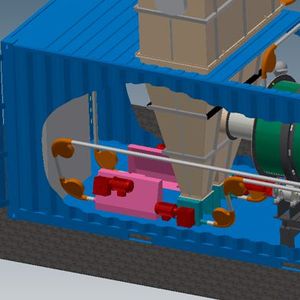 3D-Ansicht einer Anlage mit Seilfördermimik im Vordergrund, Aufnahmestation mit angeschlossenem Trocknungsofen (grün)(Bild:  Daltec)