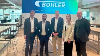 Partners for AI implementation: Vidor Kapy (CIO Bühler), Saurabh Jain (CTO Squirro), Mark Macus (CFO Bühler), Lauren Hawker Zafer (COO Squirro), and Ian Roberts (CTO Bühler) (from left). (Image:Squirro)