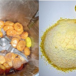 Fruchtbonbons mit flüssigem Kern werden mit Flüssigstickstoff versprödet (links). Nach 20 Sekunden Mahlen bei 5 000 U/min erhält man ein feines Pulver (rechts).