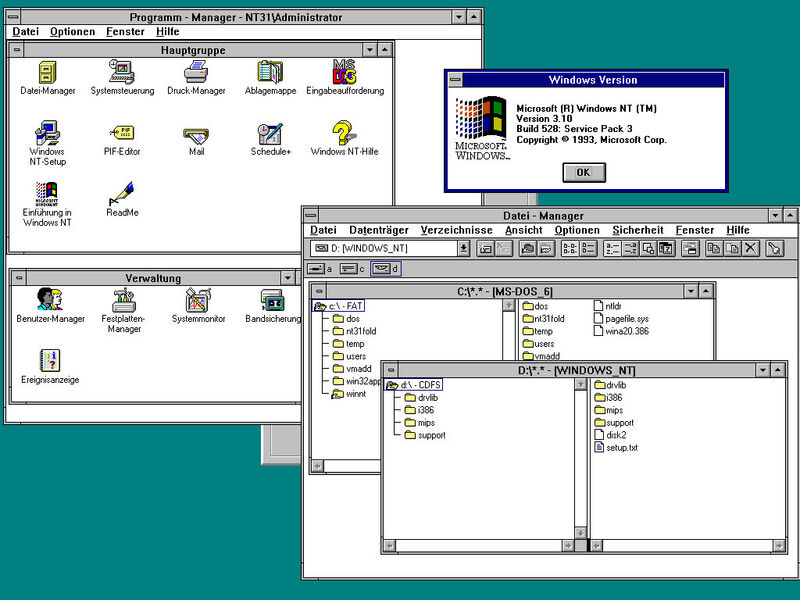 Bildschirmfoto von Windows NT3.1: Von der Optik her war das Betriebssystem nicht von der 