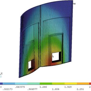 Die Finite-Elemente-Simulation der Torverschiebung unter Maximallast zeigt, dass die Verformung des neuen Faserverbundtores äußerst gering ist. 
