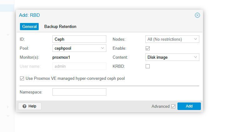Im Dialog „Add: RBD“ bindet Proxmox den Pool „cephpool“ als Blockspeicher für virtuelle Maschinendatenträger über den Inhaltstyp „Disk image“ ein. (Bild: Joos)