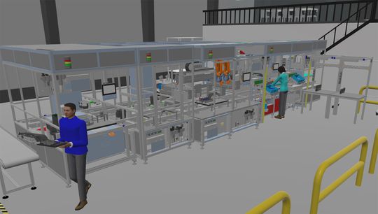 Linie für die Display-Baugruppe, dargestellt mit der Simulationssoftware Visual Components(Bild:  Schnaithmann)