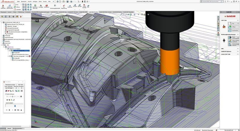 Schneller: Das Softwaremodul 3D Turbo HSR-Job in SolidCAM 2020 beschleunigt nach Angaben des Herstellers durch echte 64-Bit-Multi-Core-Technologie die Berechnung von Schruppbahnen und Werkzeugwegen für die Restmaterialbearbeitung komplexer Geometrien. (DPS Software)