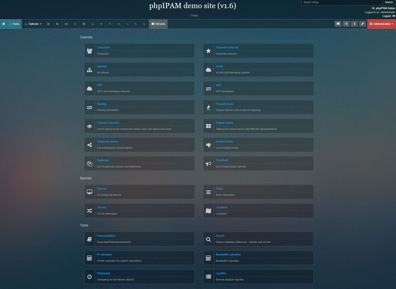 phpIPAM umfasst verschiedene Tools, die bei der Veraltung von IP-Adressen, Subnetzen und deren Daten helfen. (Bild: Joos - Miha Petkovsek / phpIPAM)