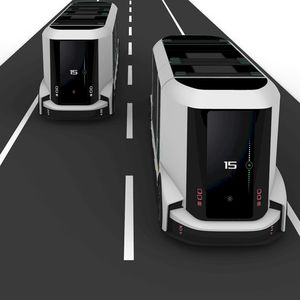 The capsules for transporting people and goods can be combined with different carrier units – here for road traffic. This principle enables seamless door-to-door transportation across various modes of transport.(Source:  Pods4Rail project group, ©moodley)