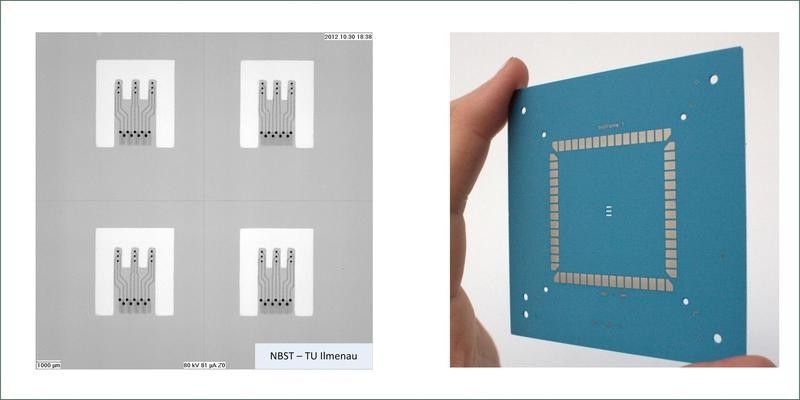 Abb. 2:  Die beiden Hauptbestandteile des neuartigen 3D-Sensorarrays. links: Keramik-Mikrotürme aus Goldelektrodenarrays (Röntgenbild). rechts: Keramikkontaktplatte mit lasergeschnittenen Spalten. Die Keramikmikrotürme mit den Elektrodenarrays aus Gold werden durch die Spalten gesteckt. Die Zuleitung und Lötung sind versteckt auf der Rückseite. Das Nervenzellgewebe wächst um die Türme herum und kann auf der vorderen Seite gemessen werden. (Bild: TU Ilmenau)