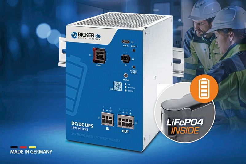 DC-Notstromversorgungslösung «Made in Germany» Bicker UPSI-2415DP3 (24V / 15A / 360W) mit integriertem LiFePO4-Hochleistungsbatteriepack und USB-C- / RS485-Modbus-Schnittstellen. (Bild: Bicker)