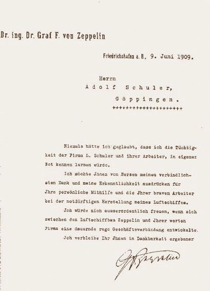 Kopie eines Dankschreibens des Grafen Zeppelin an Schuler für die Hilfe bei der Instandsetzung des Luftschiffs, das 1909 nahe Göppingen havarierte. (Schuler)