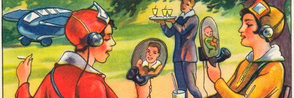 Drahtloses Privattelefon und Fernseher: Jeder hat nun sein eigenes Sende- und Empfangsgerät und kann sich auf einer bestimmten Welle mit Bekannten und Verwandten unterhalten. Aber auch die Fernsehtechnik hat sich so vervollkommnet, daß man dem Freunde gleichzeitig ins Angesicht schauen kann. Sende- und Empfangsgerät sind nicht mehr an den Ort gebunden, sondern werden in einem Kasten von der Größe eines Photoapparats immer mitgeführt. (Bild:  Wagner Margarine)