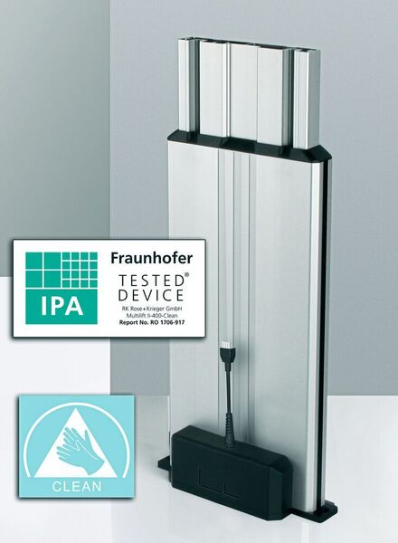 Ein vom Fraunhofer Institut für Produktionstechnik und Automatisierung IPA durchgeführter Partikelemissionstest nach DIN EN ISO 14644-1 beweist die Reinraumtauglichkeit des Multilift II clean. (RK Rose+Krieger GmbH)