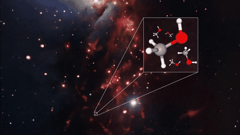 Die Perseus-Molekülwolke befindet sich etwa 1000 Lichtjahre von der Erde entfernt. Um mindestens einen der noch in ihr eingebetteten, sehr jungen Sterne gibt es eine seltene Form des organischen Alkohols Methanol. Diese ließ sich in der aktuellen Studie zum ersten Mal überhaupt im Weltraum nachweisen.(Bild:  Ekaterina Moerova / MPIfR; Hintergrund: NASA, CXC, SSC, NOAO, DSS; 3D-Bild von Methanol: https://pubchem.ncbi.nlm.nih.gov/compound/Methanol#section=3D-Conformer)