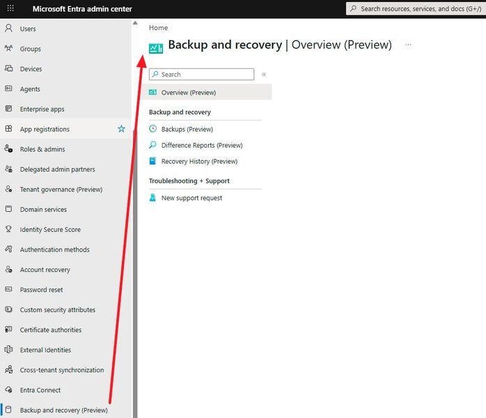 Im Microsoft Entra Admin Center liegt der Einstieg zu Backup and Recovery in der linken Navigation und führt zu den Bereichen Übersicht, Backups, Differenzberichte und Wiederherstellungsverlauf. (Bild: Joos | Microsoft )