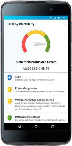 Die DTEK App informiert Nutzer über den allgemeinen Sicherheitszustand und kann die Berechtigungen einzelner Apps überwachen. (Blackberry)