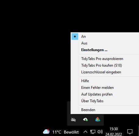 Aufrufen der Optionen von TidyTabs über das Icon im Traybereich der Taskleiste. (Joos)