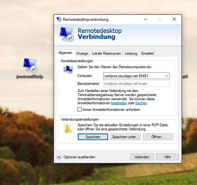 Die RDP-Datei der Azure-VM lässt sich an die eigenen Anforderungen anpassen. Das ermöglicht zum Beispiel das Speichern von Benutzernamen und Kennwort. So können sich Administratoren mit einem Doppelklick an der VM anmelden, ohne irgendwelche Informationen eingeben zu müssen. (Bild: Microsoft)